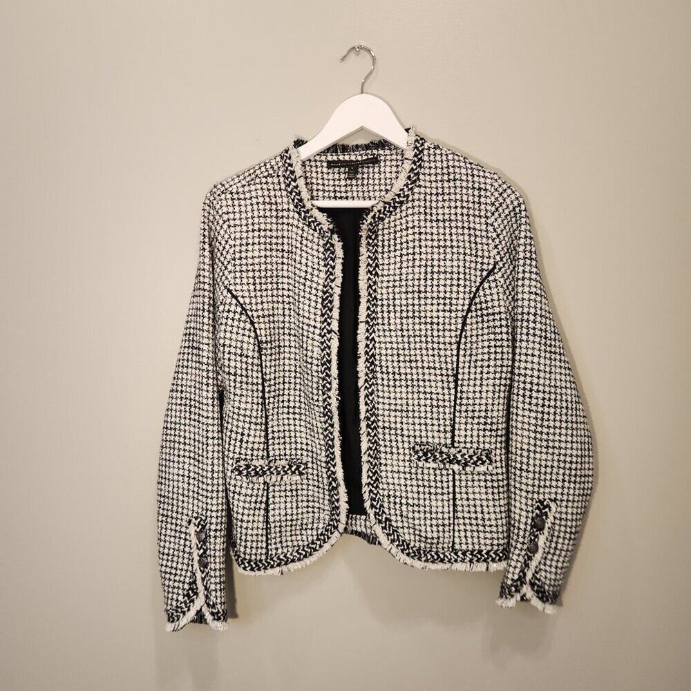White House Black Market Tweed Jacket Cream Black Shimmer Fringe - Size S